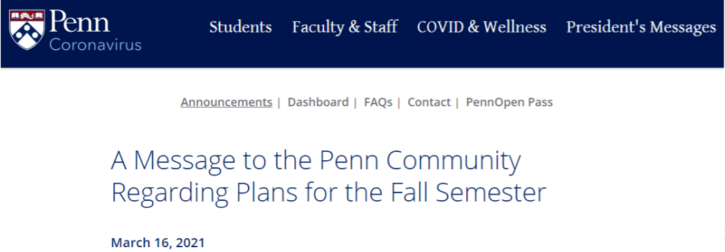 宾夕法尼亚大学计划于2021年秋季恢复线下授课