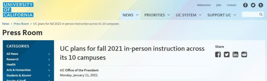 加州大学官宣：将于2021年秋季恢复10个校区线下授课