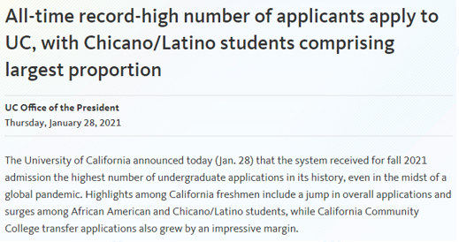 加州大学2021年秋季本科申请人数创历史新高，比去年增长了16.1%!